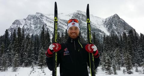 HBC Bursary Athlete Nathan Smith - Biathlon, showcases the new Hudson's Bay 2018 Red Mittens in honour of National Red Mitten Day, November 21, 2017 (Photo: Business Wire)
