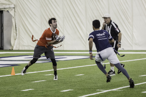 At Reliant's inaugural Charity Flag Football Game on November 14, 2017, local media took to the field at the Houston Methodist Training Center to raise money for charity. Paul Gallant with Sports Radio 610 catches a pass on behalf of St. Jude's Children's Research Hospital. (Photo: Business Wire)