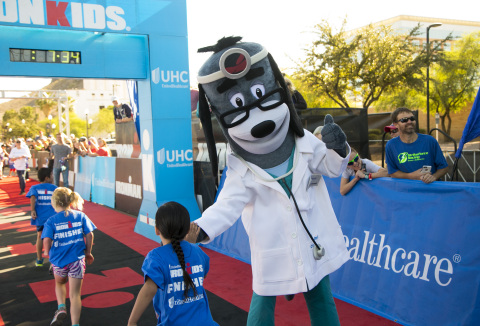 The UnitedHealthcare IRONKIDS Arizona Fun Run raced around Tempe Beach Park this morning. UnitedHealthcare mascot Dr. Health E. Hound helped State Rep. Reginald Bolding, Tempe Councilmembers Kolby Granville and David Schapira and Joseph Gaudio, CEO, UnitedHealthcare Community Plan of Arizona distribute medals to nearly 350 kids as they crossed the finish line (Photo: Laura Segall).