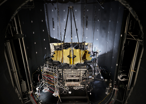 NASA’s James Webb Space Telescope sits inside Chamber A at NASA’s Johnson Space Center in Houston after having completed its cryogenic testing on Nov. 18, 2017. This marked the telescope’s final cryogenic testing, and it ensured the observatory is ready for the frigid, airless environment of space. (Photo: NASA/Chris Gunn)