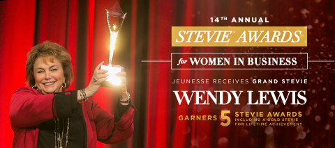 Jeunesse Founder and COO, Wendy Lewis displays the Grand Stevie Award the company received at the 2017 Stevie Awards for Women in Business. (Photo: Business Wire) 