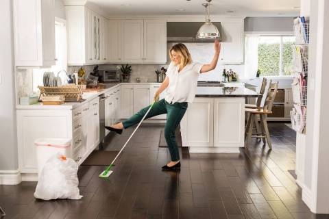Actress and comedian Abby Elliott busts a move with her Swiffer Sweeper in the kitchen while filming the Art of Adulting with Swiffer video series in Los Angeles in November. Swiffer is the fast and easy way to tackle your adulting tasks so you can always enjoy a clean home! (Photo by Roman Cho/Invision for Swiffer/AP Images)