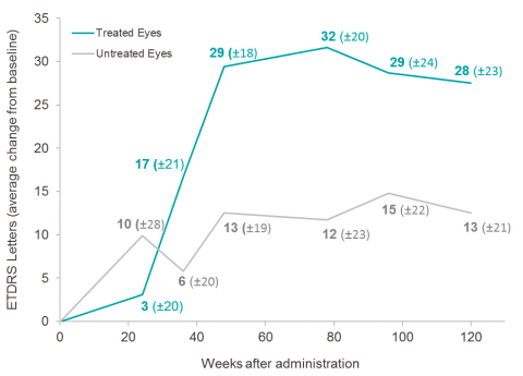 Evolution of visual acuity in the treated eye vs. untreated eye over 2.5 years of follow up, in subjects with less than 2 years of vision loss and visual acuity < 2.79 LogMAR at baseline* - * Excludes "hand motion" patients, in accordance with the Phase III protocol. Credit photo: Gensight Biologics