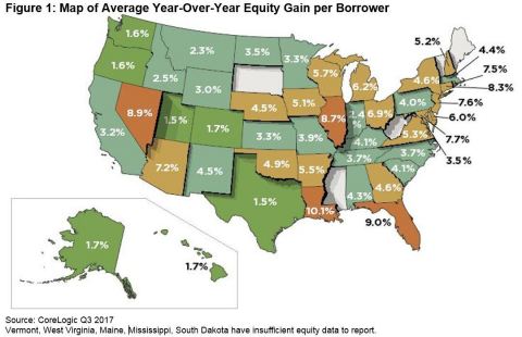 Figure 1: Map of Average Year-Over-Year Equity Gain per Borrower; CoreLogic Q3 2017 (Graphic: Business Wire)