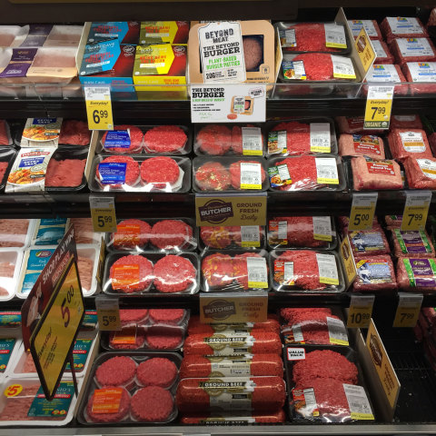 The revolutionary Beyond Burger is now available in the meat case at more than 5,000 grocery stores nationwide including at select Kroger, Albertsons Companies, Whole Foods Market and Ahold-owned stores. (Photo: Business Wire)