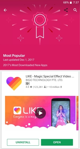 LIKE named the most popular APP in Google Play Awards 2017 (Graphic: Business Wire)