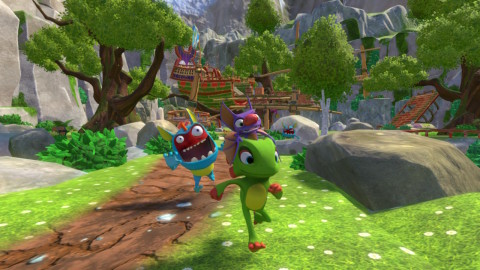 Explore huge, beautiful worlds, meet (and beat) an unforgettable cast of characters and horde a vault-load of shiny collectibles as buddy-duo Yooka (the green one) and Laylee (the wisecracking bat with the big nose). (Photo: Business Wire)