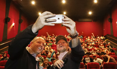 Director Rian Johnson takes selfie with Bob Hope USO Executive Director Bob Kurkjian ahead of an exclusive opening night screening of Star Wars: The Last Jedi with 150 active military service members at Westfield Century City's AMC Century 15 made possible through the efforts of Westfield at Los Angeles International Airports. (Photo: Business Wire)