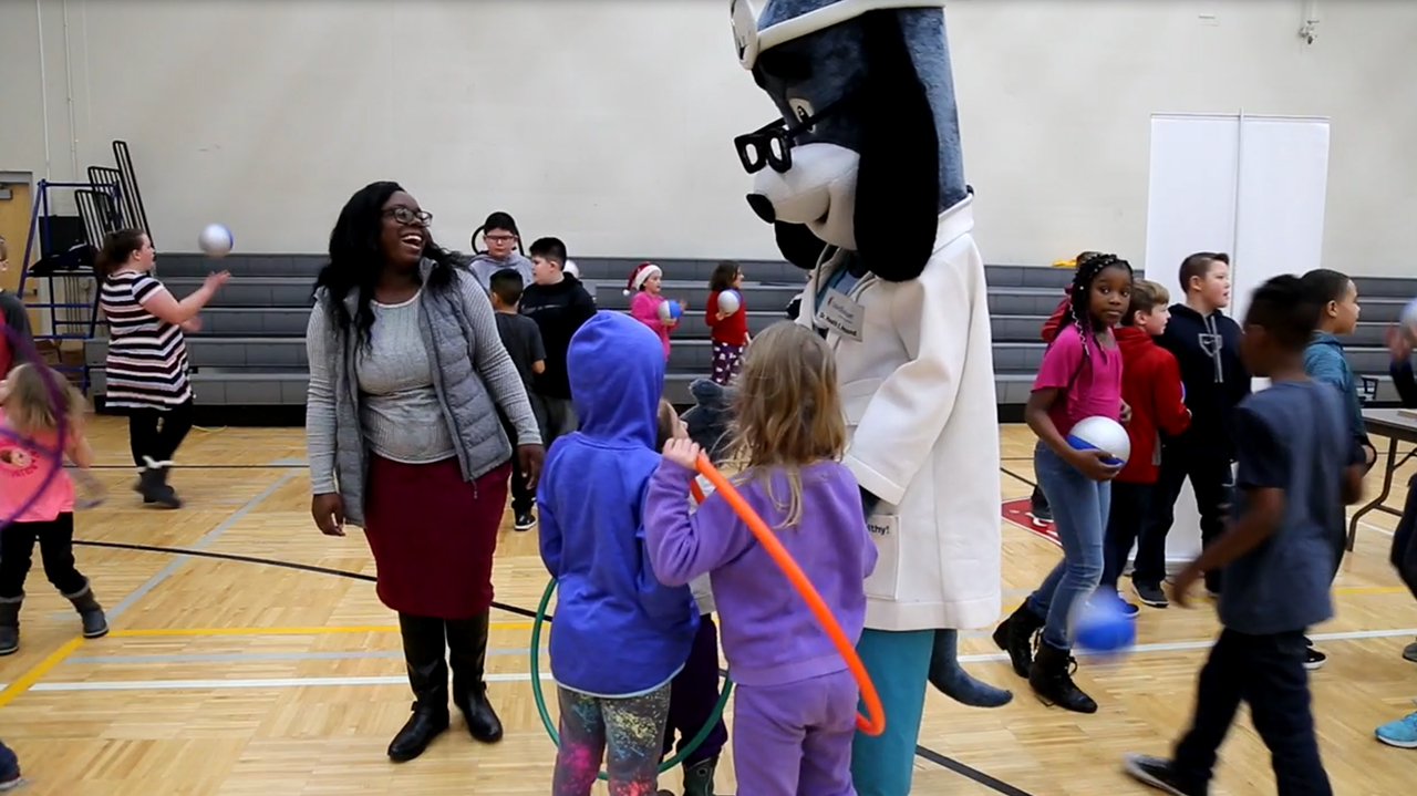 Members of the Boys & Girls Club of the Midlands in Council Bluffs were led through exercises with UnitedHealthcare mascot, Dr. Health E. Hound, to test their new NERF ENERGY Game Kit that tracks activity earning "energy points" in order to play the game. Today's donation of 150 kits is part of a national initiative between Hasbro and UnitedHealthcare, featuring Hasbro's NERF products, that encourages young people to become more active through "exergaming." (Video: Garrett Kasper)