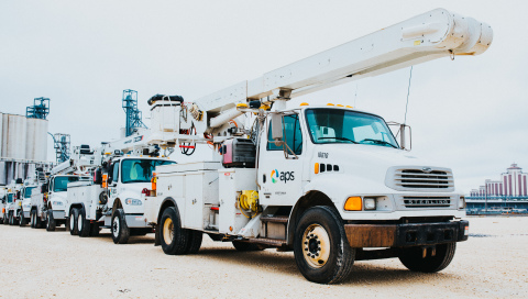 APS trucks and equipment arrive in Lake Charles, La., as 50 APS employees prepare to leave for Puerto Rico to assist with ongoing power restoration efforts on the island. Hundreds of thousands of customers remain without electricity after powerful hurricanes hit the island in September. (Photo: Business Wire)