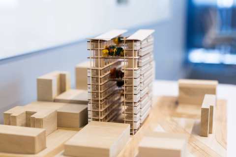 Fourth year architecture students from the University of Tennessee participated in the Nashville Civic Design Center's Urban Design Studio challenge co-sponsored by LP Building Products to concept a wood-framed, high-rise multi-use structure in Nashville, as seen in this model. (Photo: Business Wire)