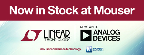 Mouser Electronics is now stocking the Linear Technology portfolio from Analog Devices. Mouser is stocking the full breadth of Linear Technology products, including power management, data conversion, signal conditioning, RF and interface ICs, μModule subsystems, and wireless sensor network products. To learn more, visit www.mouser.com/linear-technology. (Graphic: Business Wire)