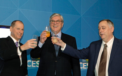 Gary Shapiro (left), President and CEO of the Consumer Technology Association, Sen. Gordon Smith (center), President and CEO of the National Association of Broadcasters, and ATSC President Mark Richer (right) celebrate the approval of the ATSC 3.0 Next Gen TV Standards at CES 2018 in Las Vegas. (Photo: Business Wire)