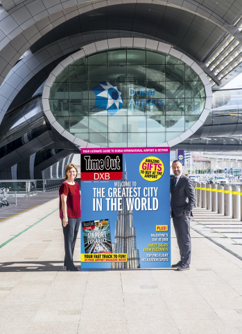 Sue Holt, Executive Director ITP Media Group and Eugene Barry, EVP Commercial at Dubai Airports with a larger than life Time Out DXB front cover (Photo: AETOSWire)