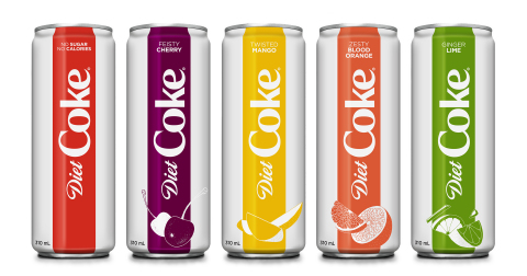 Diet Coke gets a bold new makeover! Same great taste and four new, zero-calorie flavours: Feisty Cherry, Twisted Mango, Zesty Blood Orange and Ginger Lime. (Photo: Business Wire)