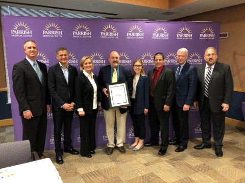 Patient Safety Movement Foundation founder Joe Kiani (second from left) awards Parrish Medical Center Executive Team with the first five-star hospital rating for patient safety at a ceremony on Wednesday. (Photo: Business Wire)