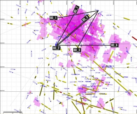 Figure 1. Plan Map of drill hole locations over grade blocks >10g/t Au (Graphic: Business Wire)
