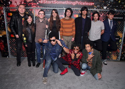 (1st Row) William Prince, Ruby Ibarra, Noe Socha,Victoria Canal, Venancio Bermudez, Felipe Contreras, Jimmy Conde and Johnny Santana of The Track and (2nd Row) Isaiah Radke, Solomon Radke, Dee Radke of the musical group Radke attend the celebration of Mastercard's Start Something Priceless Campaign at the launch of the Mastercard House on January 22, 2018 in New York City. (Photo by Cindy Ord/Getty Images for Mastercard)