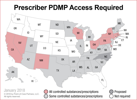 Mandatory PDMP checking is one key measure states are using to address the opioid crisis. In the states shown, prescribers are required to check their PDMP before prescribing controlled substances. (Graphic: Business Wire)