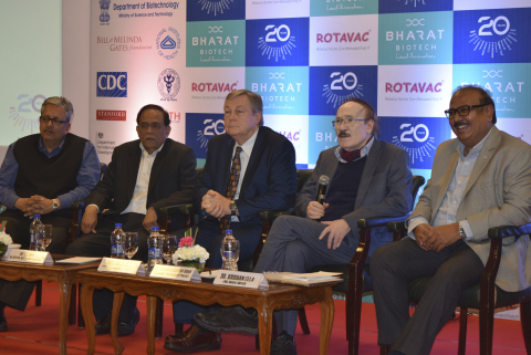(L to R) Neeraj Jain, Director, PATH, Dr. TS Rao, Sr. Advisor, Department of Biotechnology, Mr. Duncan Steele, Deputy Director, The Bill and Melinda Gates Foundation, Dr. Krishna Ella, CMD, Bharat Biotech - announcing details about Bharat Biotech's ROTAVAC - India's 1st WHO Prequalified Rotavirus Vaccine in New Delhi, India (Photo: Business Wire)