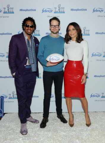 Bethenny Frankel and Nick Cannon meet the star of Febreze's new Super Bowl ad campaign, a fecal anomaly named Dave, center, the only man in the world whose #BleepDontStink, Thursday, Jan. 25, 2018, in New York. The campaign reminds people that Dave and his odorless bleep won't be in attendance at their Super Bowl parties and encourages them to prepare for game time by purchasing Febreze. To find out more about the man whose #BleepDontStink, please visit www.youtube.com/febreze. (Photo by Diane Bondareff/Invision for Febreze/AP Images)