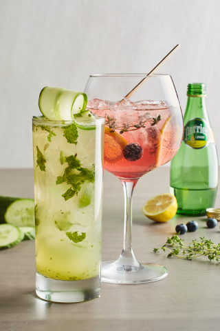 California Pizza Kitchen's newest seasonal beverages include the refreshing Spiked Cucumber, made with your choice of vodka, rum or gin, hand-shaken with freshly puréed pineapple and cucumber, Monin Cucumber, torn mint and agave sour topped with sparkling water; and the non-alcoholic, low-calorie Sparkling Berry-Lemon, with Perrier Lemon Sparkling Water with a light berry flavor, fresh lemon, blueberries and thyme. (Photo: California Pizza Kitchen and Waterbury Publications)