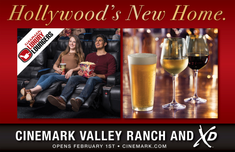 The Cinemark Valley Ranch and XD Theatre features an XD auditorium, Luxury Lounger recliners and an expanded concessions menu. (Graphic: Business Wire)