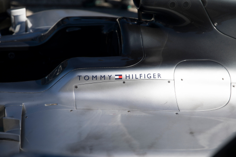 The TOMMY HILFIGER logo featured on the Mercedes-AMG Petronas Motorsport car. Photographed by Mikael Jansson.