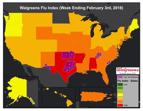 Walgreens Flu Index for Week Ending February 3, 2018 (Photo: Business Wire)