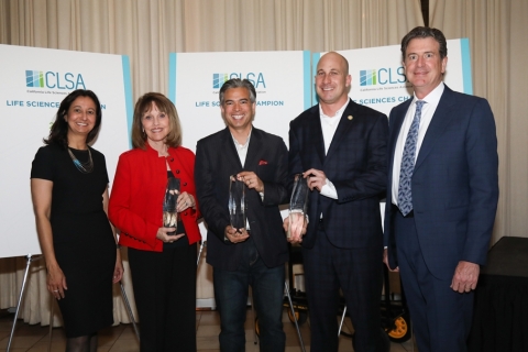 CLSA's 2017 Life Sciences Champions | Left to Right: CLSA Pres. & CEO Sara Radcliffe; Senate Republican Leader Patricia Bates; Assemblymember Rob Bonta; Assemblymember Heath Flora; Don Bobo, CLSA Board Chairman & Corporate Vice President, Edwards LifeSciences (Photo: Business Wire)