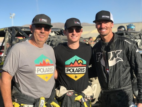 Polaris Factory Racing continues 2018 success with second consecutive podium sweep at the Can-Am King of the Hammers UTV Race in Johnson Valley, CA. Pictured: Polaris Factory Racing athletes Mitch Guthrie Sr. (left), Mitch Guthrie Jr. (center) and Branden Sims (right). Credit: Polaris