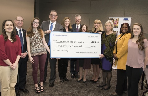 UnitedHealthcare donated $25,000 to the East Carolina University College of Nursing to fund scholarships for students enrolled in their final year of the Regionally Increasing Baccalaureate Nurses (RIBN) program. Left to right: RIBN student Allison Boswell; North Carolina State Rep. Greg Murphy; RIBN student Alexandria Kirian; UnitedHealthcare Vice President Brian Cresta; ECU Student Success Advocate Dr. Kelly Cleaton; President of the Medical and Health Sciences Foundation Dr. Mark Notestine; ECU Student Success Advocate Dr. Melissa Yow; RIBN Program Director Becky Jordan; ECU College of Nursing Dean Sylvia Brown; Vidant Medical Center Director of Professional Practice Dr. Daphne Brewington; and RIBN graduate Caroline Lanier (Photo courtesy of Conley Evans, East Carolina University).
