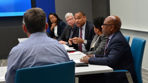 John Page (center), chairman of the board of directors at Tuskegee University, speaks during a roundtable discussion with Intel leaders, including CEO Brian Krzanich, and leaders from six partner Historically Black Colleges and Universities (HBCUs) at Intel’s headquarters in Santa Clara, Calif., on Monday, Feb. 12, 2018. Clockwise from top: Lakecia Gunter, chief of staff to CEO, Intel; Mike Mayberry, chief technology officer, Intel; Page; Ruth Simmons, president, Prairie View A&M University; David Wilson, president, Morgan State University; and Brian Krzanich. (Credit: Walden Kirsch/Intel Corporation)