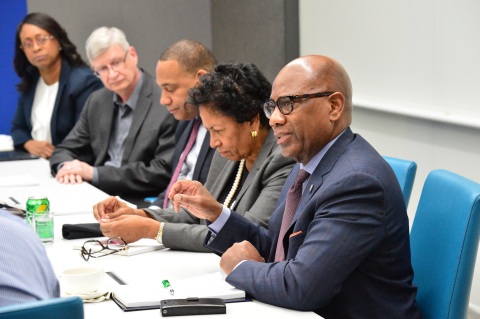 David Wilson (right), president of Morgan State University, speaks during a roundtable discussion with Intel leaders, including CEO Brian Krzanich, and leaders from six partner Historically Black Colleges and Universities (HBCUs) at Intel’s headquarters in Santa Clara, Calif., on Monday, Feb. 12, 2018. From left: Lakecia Gunter, chief of staff to CEO, Intel; Mike Mayberry, chief technology officer, Intel; John Page, chairman, board of directors, Tuskegee University; Ruth Simmons, president, Prairie View A&M University; and Wilson. (Credit: Walden Kirsch/Intel Corporation)