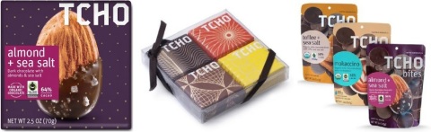 TCHO Chocolate Products, Left: 70g Bar, Middle: 8g Bar, Right: 140g Bites (Photo: Business Wire)