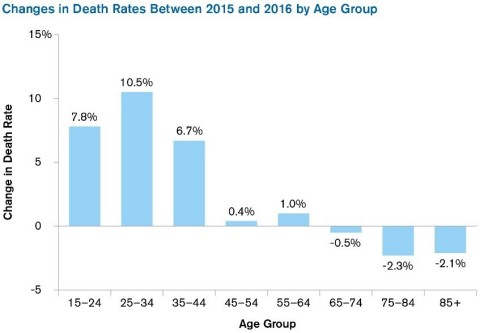 Source: Kenneth D. Kochanek, M.A., Sherry L. Murphy, B.S., Jiaquan Xu, M.D. and Elizabeth Arias, Ph.D. "Mortality in the United States, 2016." NCHS Data Brief No. 293 (December 2017) (Graphic: Business Wire)