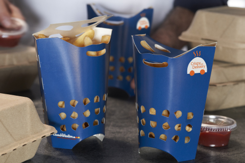 Lamb Weston's new Crispy on Delivery is a store-to-door solution for french fry delivery. The solution includes a new, lightly battered fry, patented packaging pictured here, and handling and care tips from Lamb Weston's fry experts. (Photo: Business Wire)