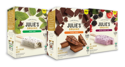 Julie’s Organic introduces two new ice cream bars – Mint Chip and Mixed Berry Chip – and expands its best-selling ice cream sandwich line with a Fudge Swirl square. (Photo: Business Wire)