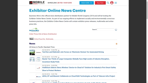 Mobile World Congress 2018 Exhibitor Online News Centre (Photo: Business Wire)
