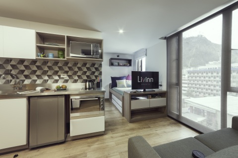 Livinn Calle 18 Studio (Bogotá): Residents at CA Ventures’ Livinn Calle 18 in Bogotá, Colombia have a choice of studio (shown) or one-, two-, or three-bedroom suites, most with private baths. Livinn Calle 18 opened in 2017. (Photo: Business Wire)