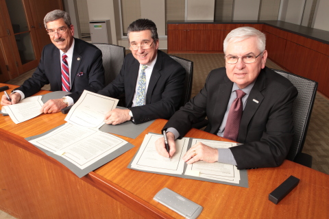 Shown signing the Mutual Recognition Agreement are (left to right): NASBA President and CEO Ken L. Bishop, ICAS CEO Anton Colella and AICPA President and CEO Barry C. Melancon, CPA, CGMA. (Photo: Business Wire)