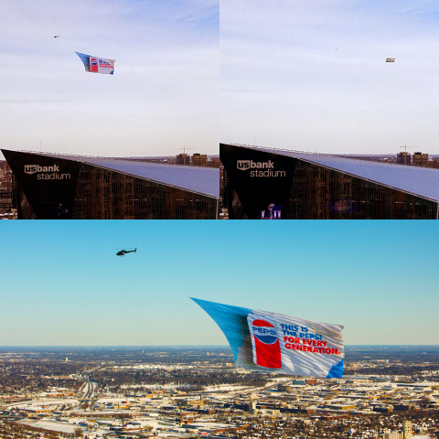 Jumbo helicopter banner vs. plane-towed banner Minneapolis, MN (Photo: Business Wire)