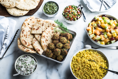 Baked Falafel - Baked falafel with Greek tzatziki, Israeli skhug, Mediterranean relish and fresh dill. Served with pita bread. (Photo: Business Wire)