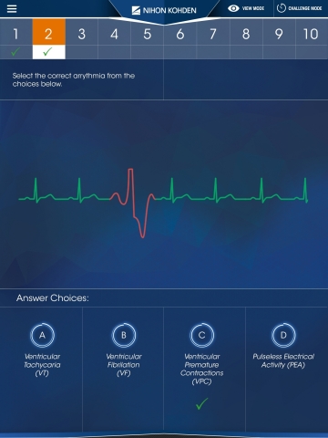 The Nihon Kohden Dimensions virtual reality app teaches clinicians how to identify common cardiac arrhythmias. (Graphic: Business Wire)