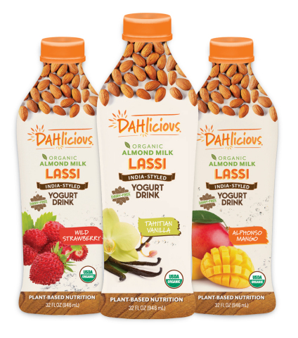 DAHlicious organic, almond milk lassi India-style yogurt drinks.