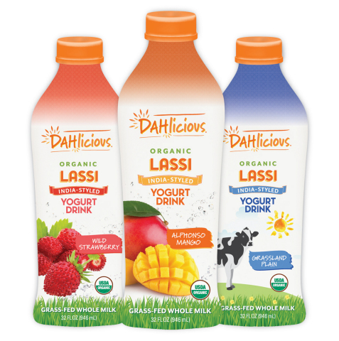 DAHlicious organic, grass-fed whole milk lassi India-style yogurt drinks.