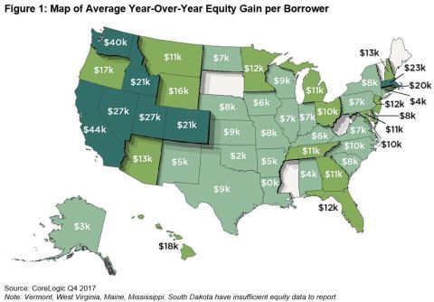 Figure 1: Map of Average Year-Over-Year Equity Gain per Borrower; CoreLogic Q4 2017 (Graphic: Business Wire)