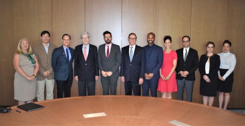 March 2018-Participants at the Miami, FL meeting to formally announce the launch of the AHF Global Public Health Institute at the University of Miami. Left to right are: Cindy L Munro, Dean, School of Nursing and Health Studies; Otto Yang, Researcher at UCLA AIDS Institute; Michael Weinstein, President of AHF; Julio Frenk, President of the University of Miami; Jorge Saavedra, Executive Director of the AHF Global Public Health Institute at UM; José Szapocznik, Professor of Public Health Sciences, UM Miller School of Medicine; Hansel Tookes, Assistant Professor of Medicine & Director, IDEA Exchange, UM Miller School of Medicine; Adriane Gelpi, Assistant Professor of Public Health Sciences, UM Miller School of Medicine; Sunil Rao, Interim Chair, Department of Public Health Sciences, UM Miller School of Medicine; Andrea Calo, Executive Director, Major Gifts, UM Miller School of Medicine; Mitzi Tanaka, Director of Research Support, Department of Public Health Sciences, UM Miller School of Medicine (Photo: Business Wire)