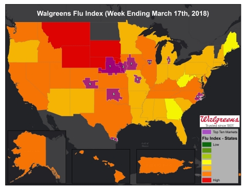 Walgreens Flu Index for Week Ending March 17, 2018.  (Graphic: Business Wire)