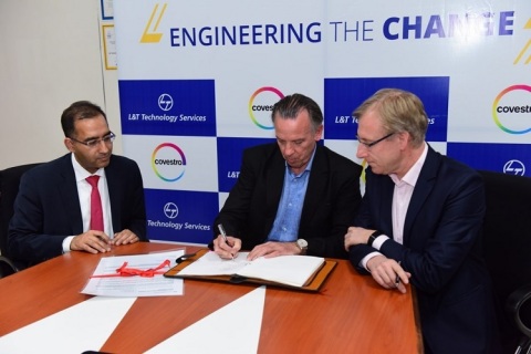 (L to R) Amit Chadha, President Sales & Business Development and Member of the Board, LTTS, Ferry Feldbrugge, Head of Global Projects & Engineering and Global Technical Contracting, Covestro and Stephan Krebber, Program Director, OSI2020 Program, Covestro signing the Master Service Agreement for Digital Transformation and Global Standardization Programs (Photo: Business Wire)